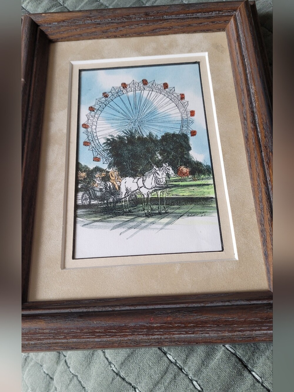 Framed Carousel Ferris Wheel Print in Brown Frame See Photos For More Info